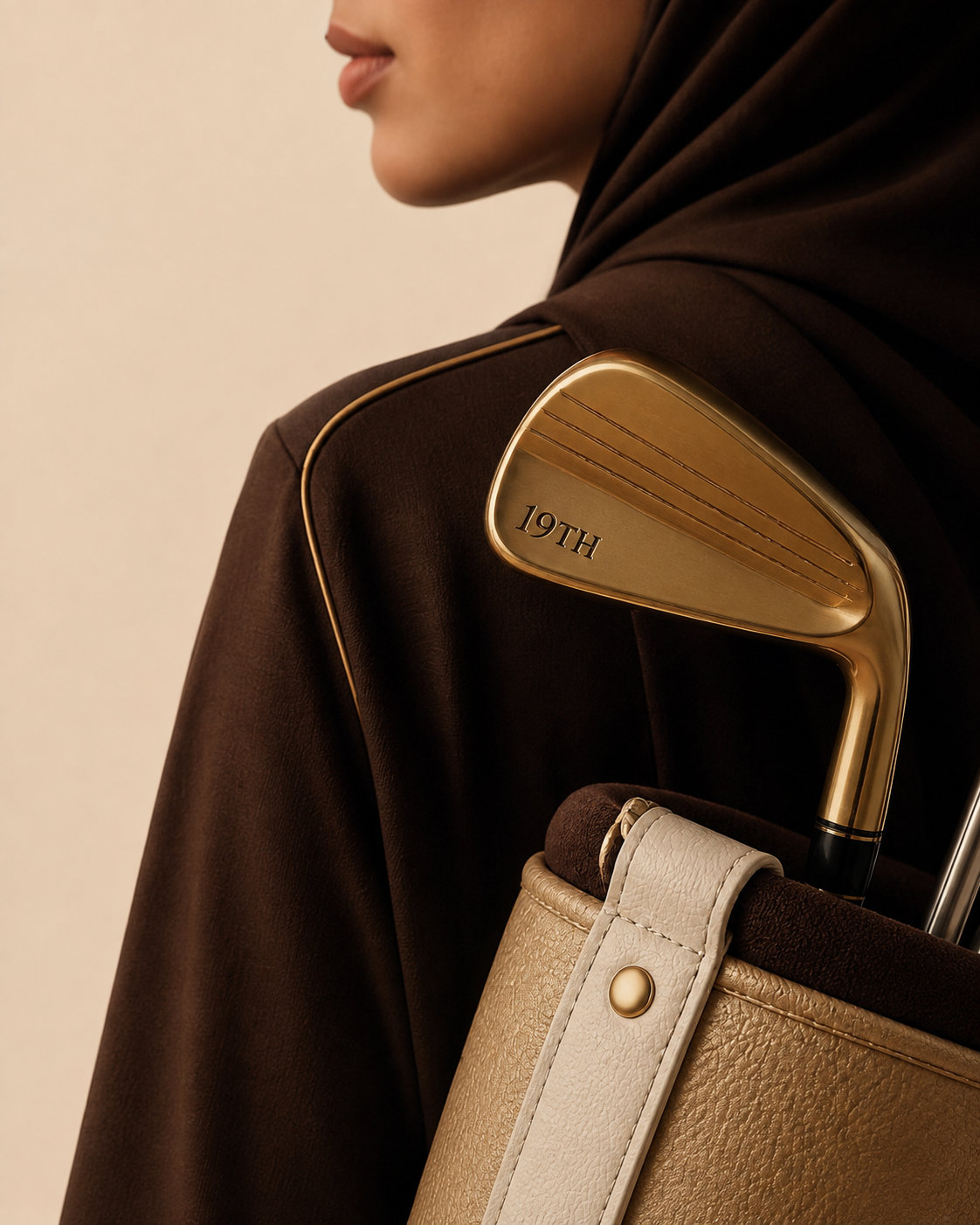 A woman in a brown headscarf carrying a gold golf club and golf bag